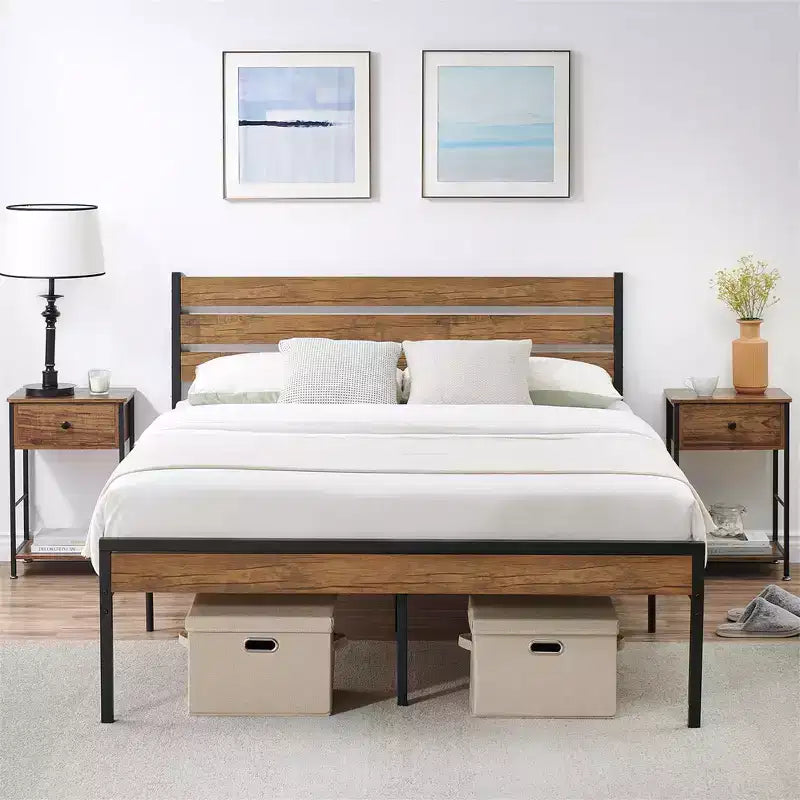 Cadre de lit double/Queen COZONY avec tête et pied de lit en bois, lit plateforme avec rangement sous le lit