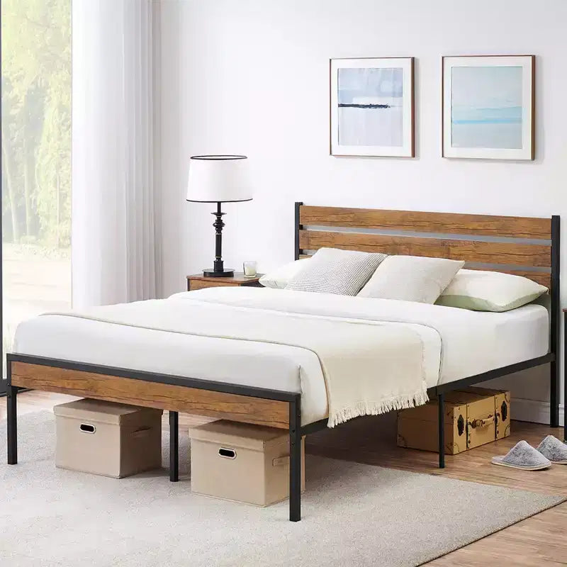 Cadre de lit double/Queen COZONY avec tête et pied de lit en bois, lit plateforme avec rangement sous le lit
