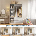 COZONY 71 Armoire de chambre blanche, Penderie avec portes en verre cannelé, tringle à vêtements et tiroirs