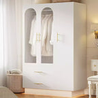 COZONY 71 Armoire de chambre blanche, Penderie avec portes en verre cannelé, tringle à vêtements et tiroirs