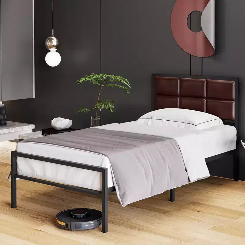COZONY Cadre de lit plateforme en similicuir grandeur Queen/Full, avec tête de lit capitonnée à coutures carrées et cadre en métal
