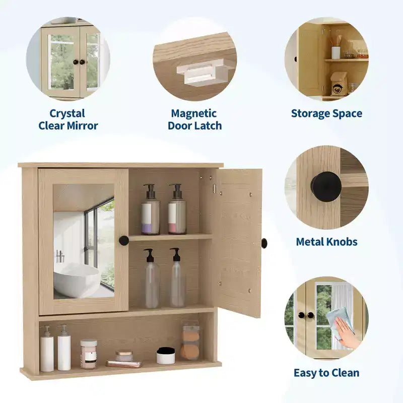 Armoire de salle de bain murale de 55 cm, armoire à pharmacie en bois avec portes miroir et étagères réglables, armoire de rangement flottante pour salon, blanche