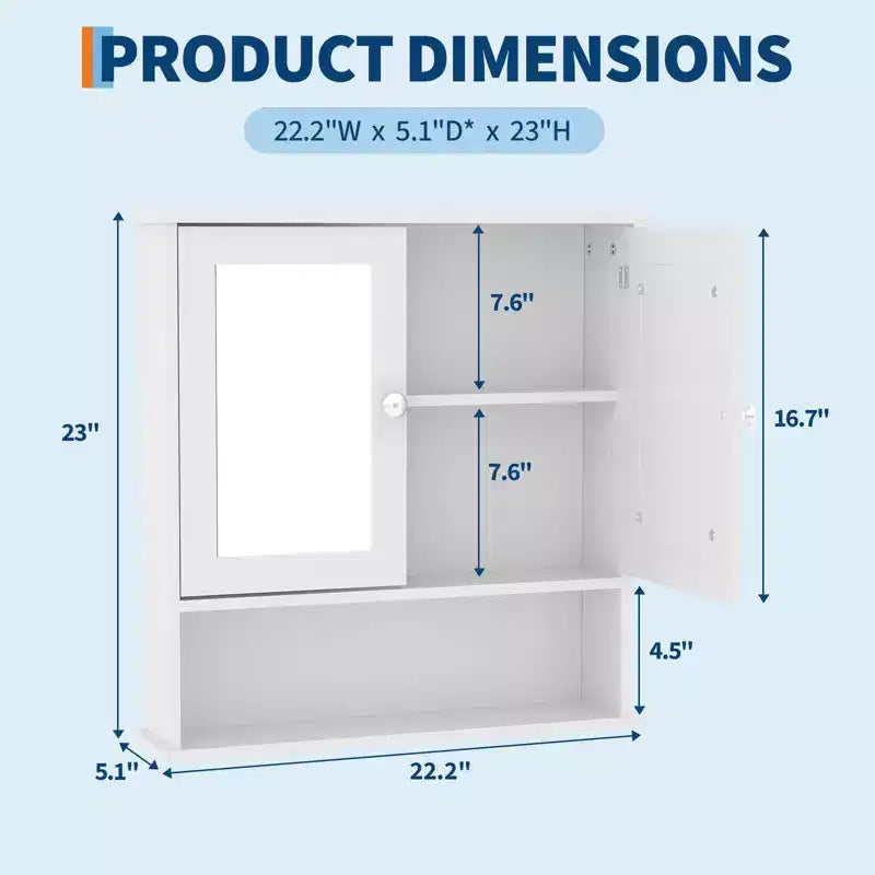 Armoire de salle de bain murale de 55 cm, armoire à pharmacie en bois avec portes miroir et étagères réglables, armoire de rangement flottante pour salon, blanche
