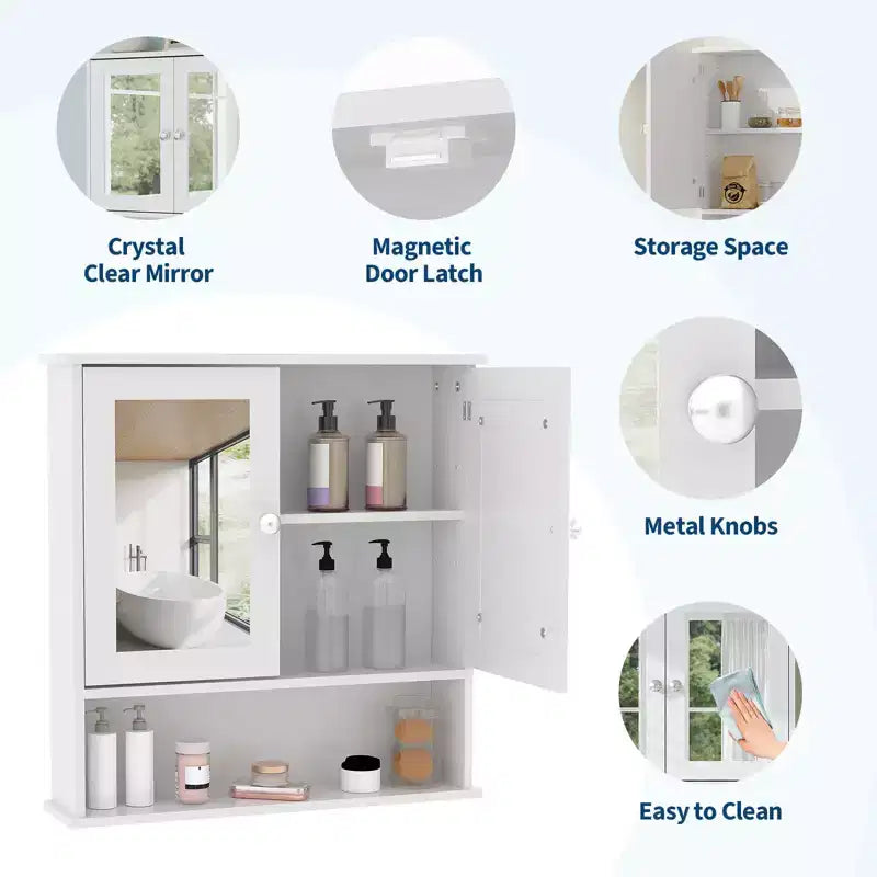 Armoire de salle de bain murale de 55 cm, armoire à pharmacie en bois avec portes miroir et étagères réglables, armoire de rangement flottante pour salon, blanche