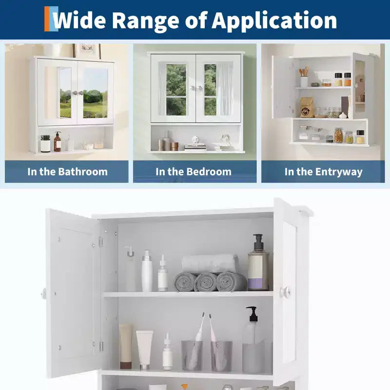Armoire de salle de bain murale de 55 cm, armoire à pharmacie en bois avec portes miroir et étagères réglables, armoire de rangement flottante pour salon, blanche