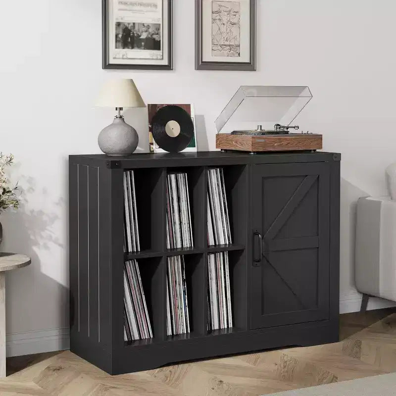 Acekool Farmhouse Record Player Stand, Black Barn Door Vinyl Storage Cabinet Holds 750 Albums, Media Console for Living Room