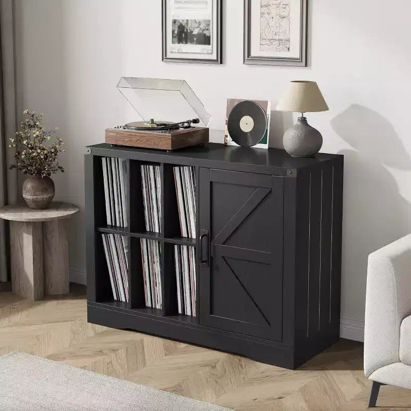 Meuble pour Platine Vinyle de Ferme Acekool, Armoire de Rangement Vinyle Porte Coulissante Noire Peut Contenir 750 Albums, Meuble TV pour Salon