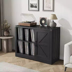 Meuble pour Platine Vinyle de Ferme Acekool, Armoire de Rangement Vinyle Porte Coulissante Noire Peut Contenir 750 Albums, Meuble TV pour Salon