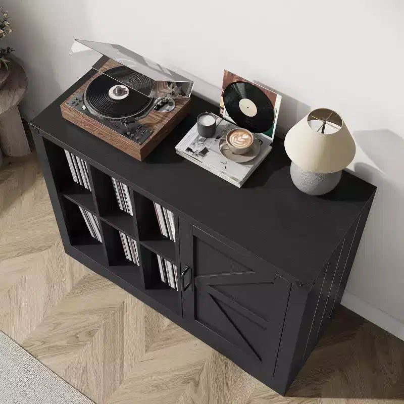Meuble pour Platine Vinyle de Ferme Acekool, Armoire de Rangement Vinyle Porte Coulissante Noire Peut Contenir 750 Albums, Meuble TV pour Salon