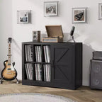 Meuble pour Platine Vinyle de Ferme Acekool, Armoire de Rangement Vinyle Porte Coulissante Noire Peut Contenir 750 Albums, Meuble TV pour Salon
