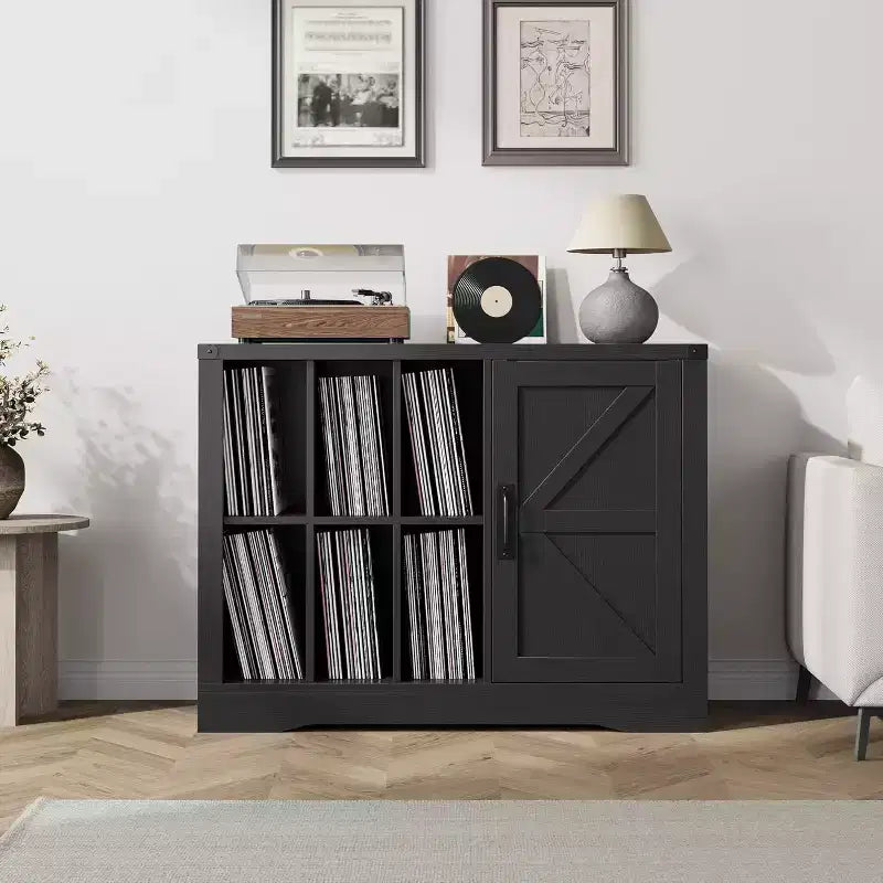 Meuble pour Platine Vinyle de Ferme Acekool, Armoire de Rangement Vinyle Porte Coulissante Noire Peut Contenir 750 Albums, Meuble TV pour Salon