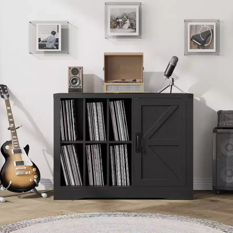 Meuble pour Platine Vinyle de Ferme Acekool, Armoire de Rangement Vinyle Porte Coulissante Noire Peut Contenir 750 Albums, Meuble TV pour Salon