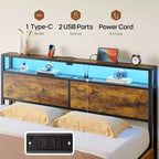 Lit plateforme Greenstell - Tête de lit bibliothèque en bois, 4 tiroirs, lumières LED à intensité variable et chargement USB sécurisé, assemblage facile