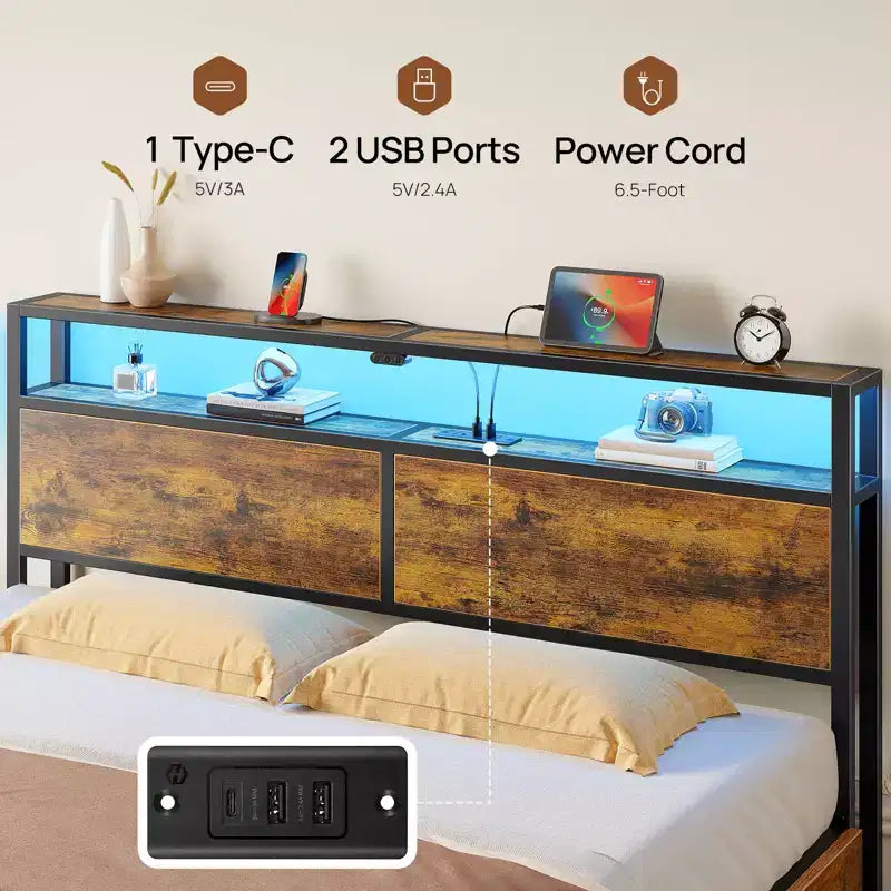 Lit plateforme Greenstell - Tête de lit bibliothèque en bois, 4 tiroirs, lumières LED à intensité variable et chargement USB sécurisé, assemblage facile