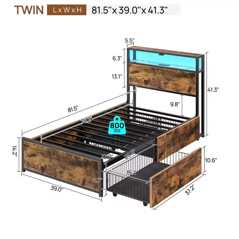 Lit plateforme Greenstell - Tête de lit bibliothèque en bois, 4 tiroirs, lumières LED à intensité variable et chargement USB sécurisé, assemblage facile