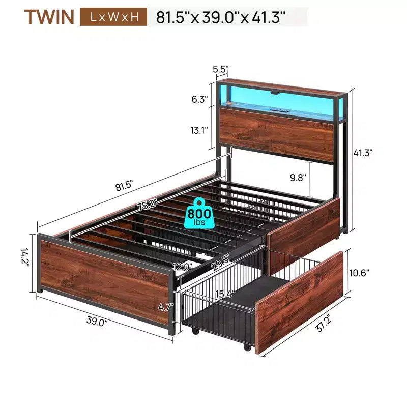 Lit plateforme Greenstell - Tête de lit bibliothèque en bois, 4 tiroirs, lumières LED à intensité variable et chargement USB sécurisé, assemblage facile