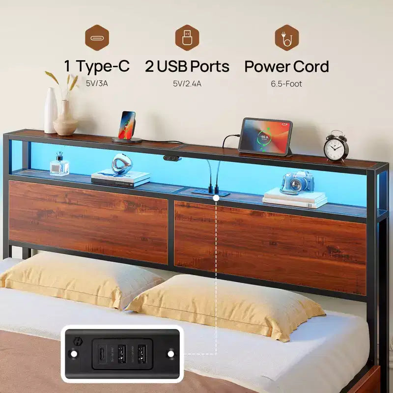 Lit plateforme Greenstell - Tête de lit bibliothèque en bois, 4 tiroirs, lumières LED à intensité variable et chargement USB sécurisé, assemblage facile