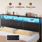 Lit plateforme Greenstell - Tête de lit bibliothèque en bois, 4 tiroirs, lumières LED à intensité variable et chargement USB sécurisé, assemblage facile