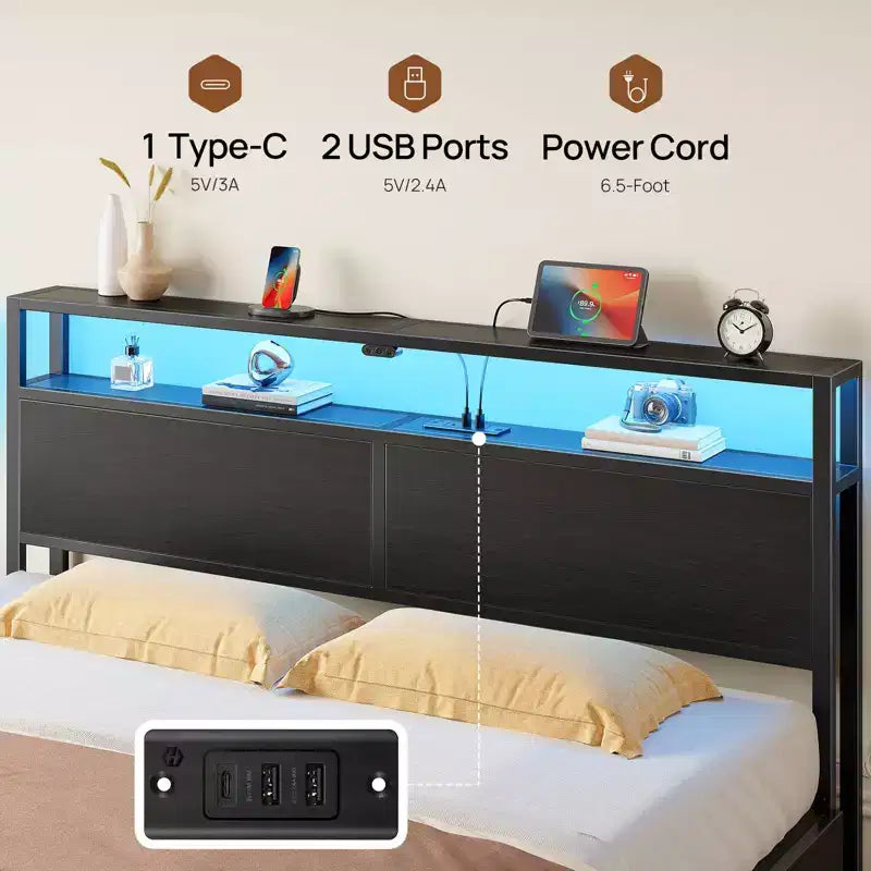 Lit plateforme Greenstell - Tête de lit bibliothèque en bois, 4 tiroirs, lumières LED à intensité variable et chargement USB sécurisé, assemblage facile
