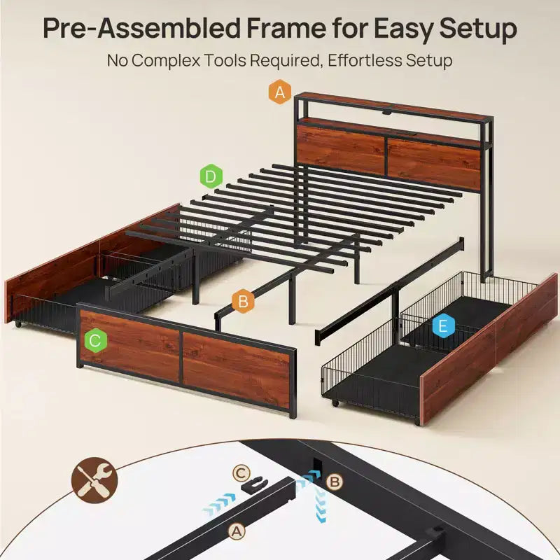 Lit plateforme Greenstell - Tête de lit bibliothèque en bois, 4 tiroirs, lumières LED à intensité variable et chargement USB sécurisé, assemblage facile