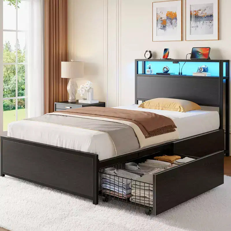 Greenstell Platform Bed - Wooden Bookcase Headboard, 4 Drawers, Dimmable LED Lights & Safe USB Charging, Easy Assembly