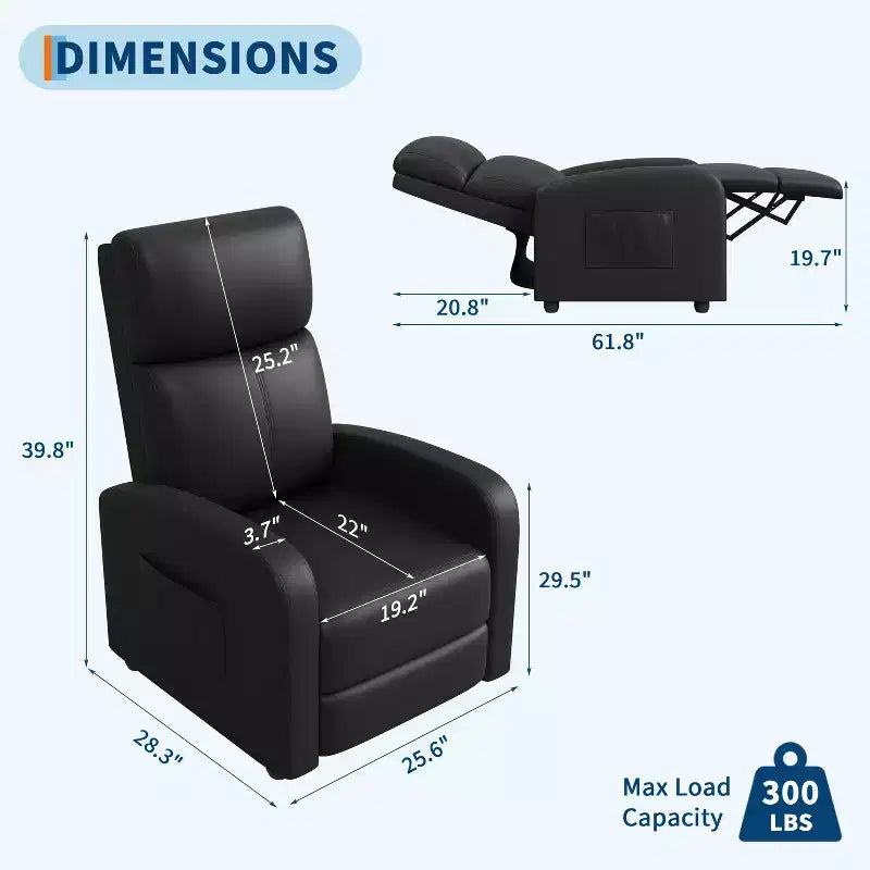 Fauteuil inclinable, Fauteuil inclinable en cuir ergonomique réglable avec pochette latérale, dossier haut, accoudoirs larges et siège rembourré pour le salon