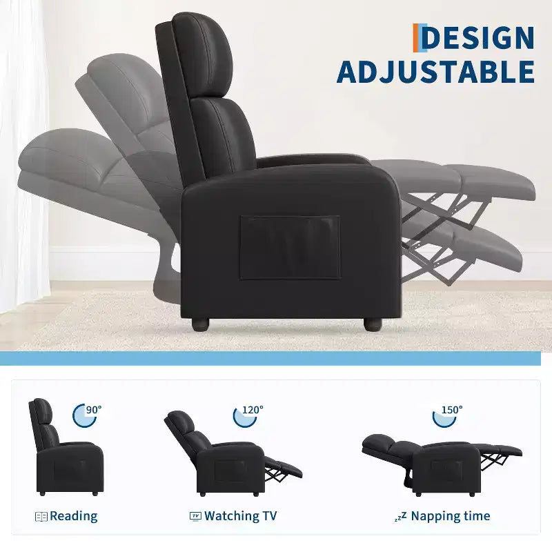 Fauteuil inclinable, Fauteuil inclinable en cuir ergonomique réglable avec pochette latérale, dossier haut, accoudoirs larges et siège rembourré pour le salon