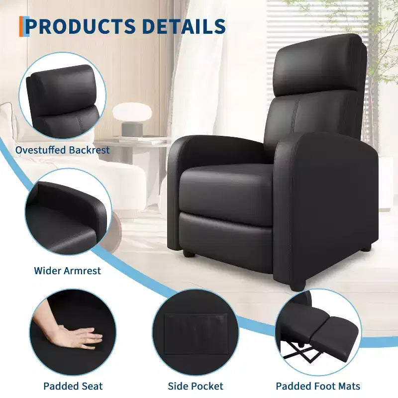 Fauteuil inclinable, Fauteuil inclinable en cuir ergonomique réglable avec pochette latérale, dossier haut, accoudoirs larges et siège rembourré pour le salon