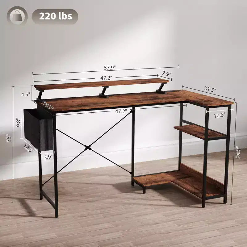 Bureau d'angle en L avec station de recharge et lumières RVB Bureau de travail réversible