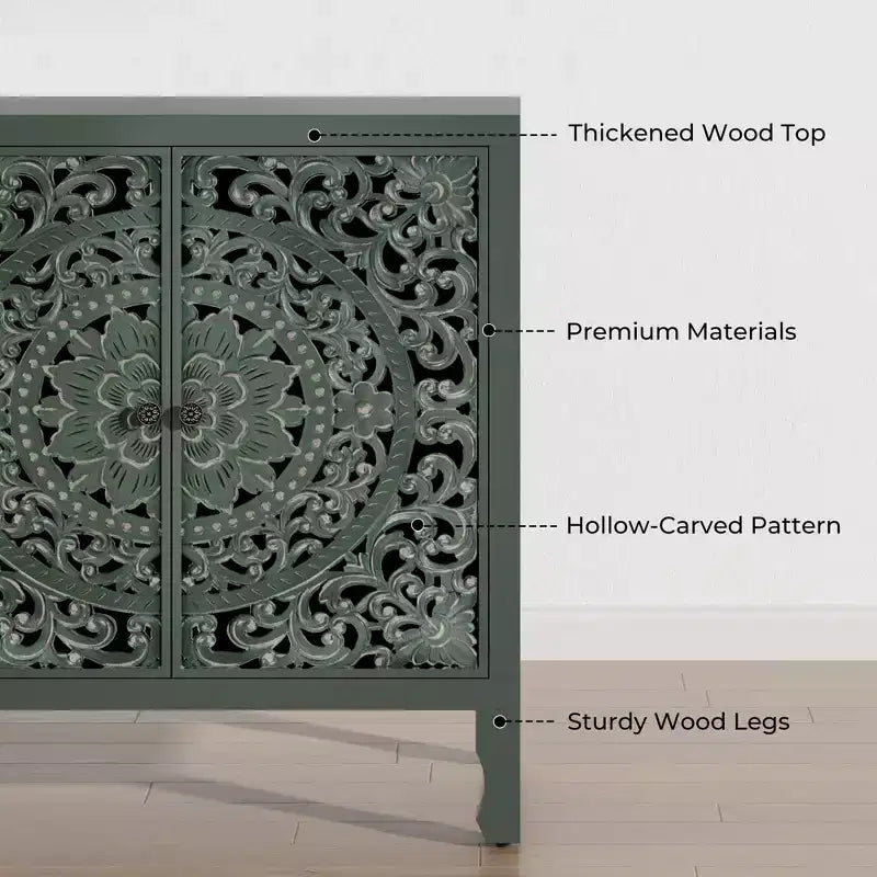 Buffet de rangement, Buffet bas vieilli avec 4 portes sculptées et étagère réglable, Buffet d'appoint en bois