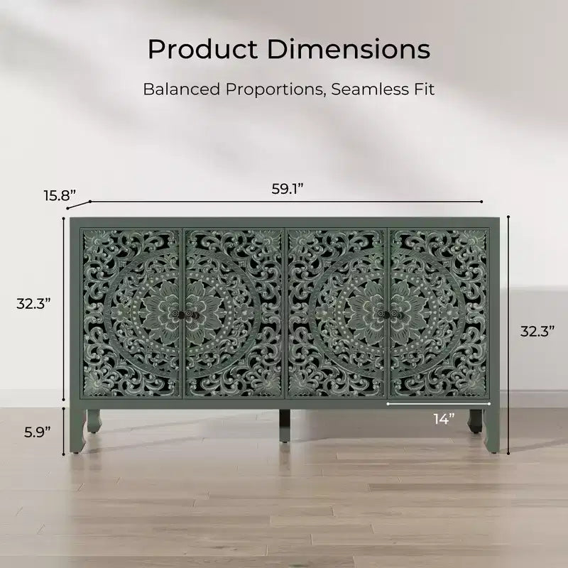 Buffet de rangement, Buffet bas vieilli avec 4 portes sculptées et étagère réglable, Buffet d'appoint en bois