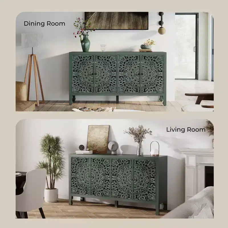 Buffet de rangement, Buffet bas vieilli avec 4 portes sculptées et étagère réglable, Buffet d'appoint en bois