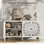 Buffet de rangement, Buffet bas vieilli avec 4 portes sculptées et étagère réglable, Buffet d'appoint en bois