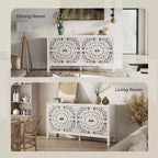 Buffet de rangement, Buffet bas vieilli avec 4 portes sculptées et étagère réglable, Buffet d'appoint en bois