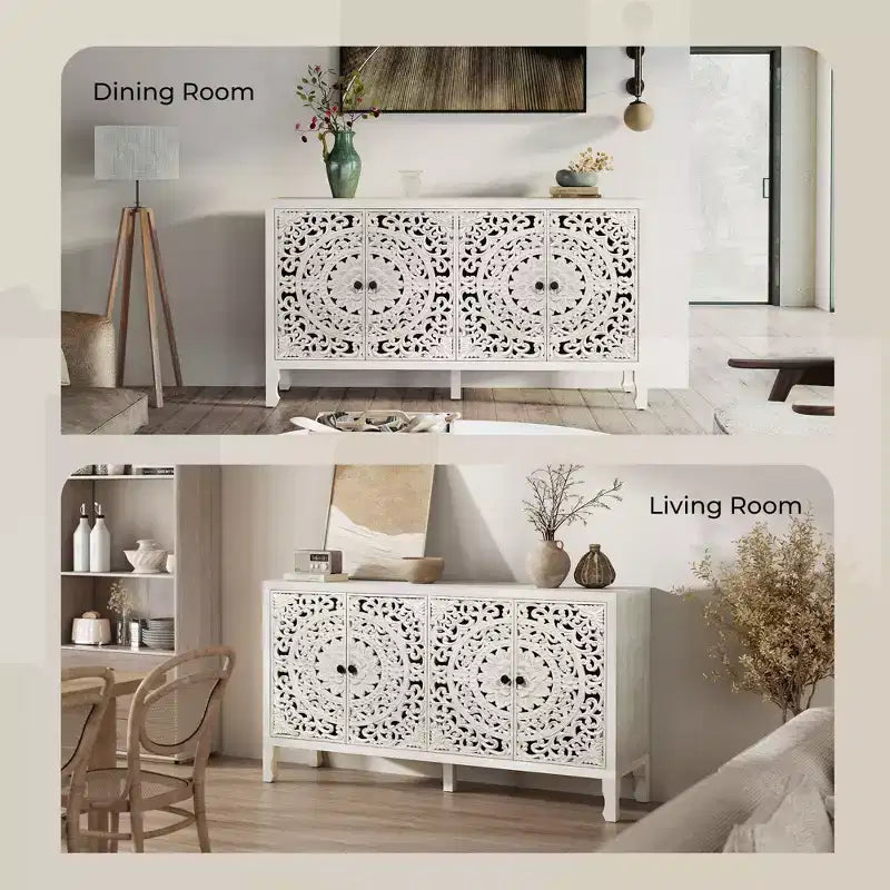 Buffet de rangement, Buffet bas vieilli avec 4 portes sculptées et étagère réglable, Buffet d'appoint en bois