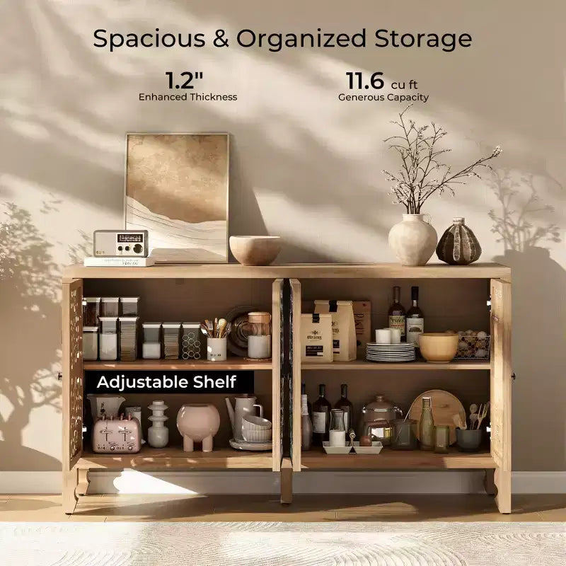 Buffet de rangement, Buffet bas vieilli avec 4 portes sculptées et étagère réglable, Buffet d'appoint en bois