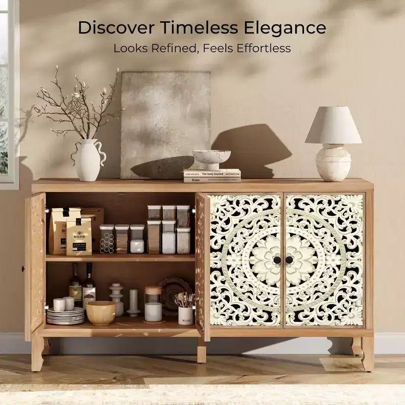 Buffet de rangement, Buffet bas vieilli avec 4 portes sculptées et étagère réglable, Buffet d'appoint en bois