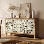 Buffet de rangement, Buffet bas vieilli avec 4 portes sculptées et étagère réglable, Buffet d'appoint en bois