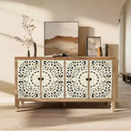 Buffet de rangement, Buffet bas vieilli avec 4 portes sculptées et étagère réglable, Buffet d'appoint en bois