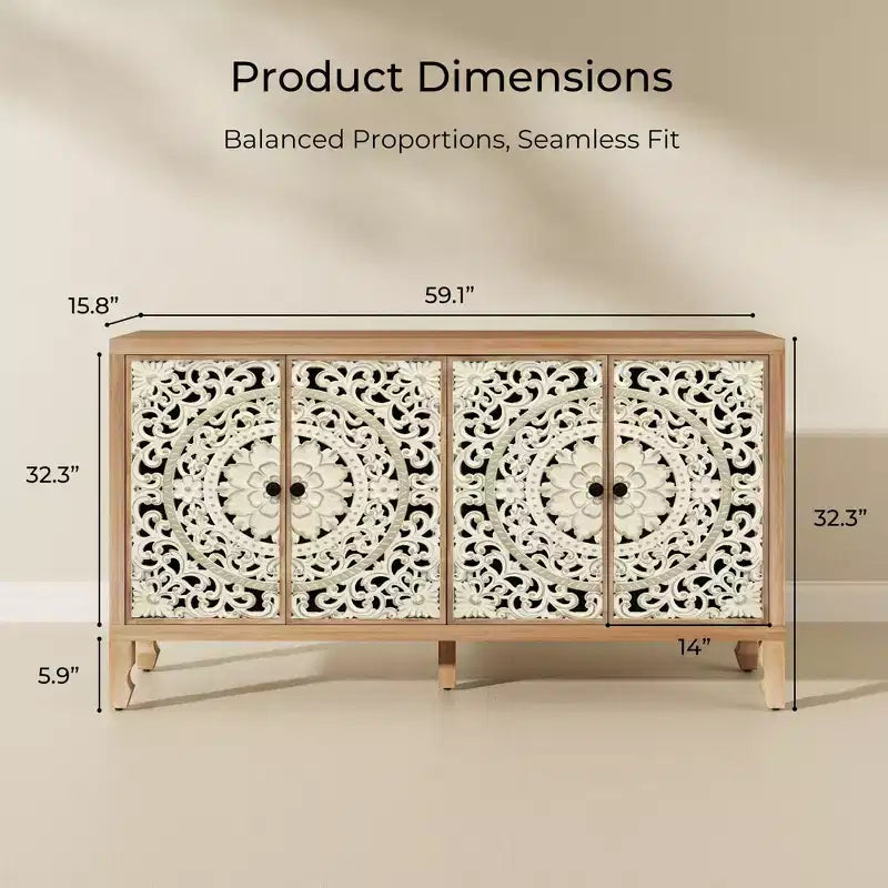 Buffet de rangement, Buffet bas vieilli avec 4 portes sculptées et étagère réglable, Buffet d'appoint en bois