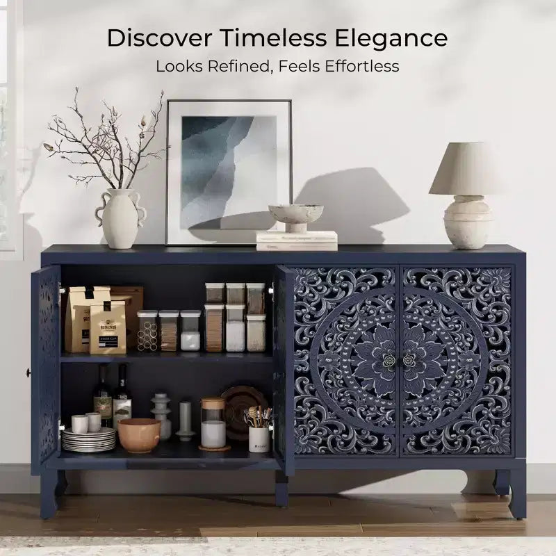 Buffet de rangement, Buffet bas vieilli avec 4 portes sculptées et étagère réglable, Buffet d'appoint en bois