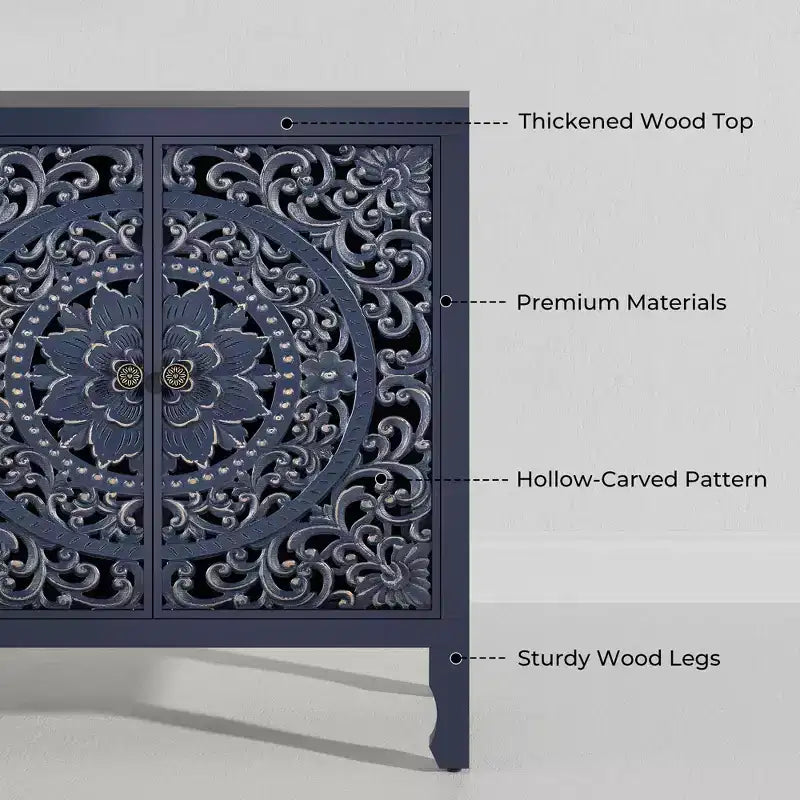 Buffet de rangement, Buffet bas vieilli avec 4 portes sculptées et étagère réglable, Buffet d'appoint en bois