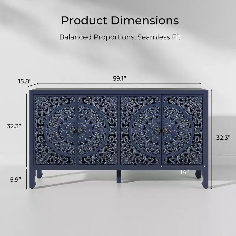 Buffet de rangement, Buffet bas vieilli avec 4 portes sculptées et étagère réglable, Buffet d'appoint en bois