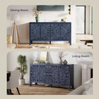 Buffet de rangement, Buffet bas vieilli avec 4 portes sculptées et étagère réglable, Buffet d'appoint en bois