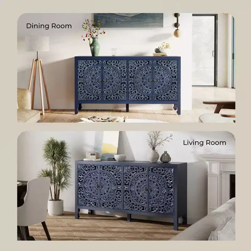 Buffet de rangement, Buffet bas vieilli avec 4 portes sculptées et étagère réglable, Buffet d'appoint en bois