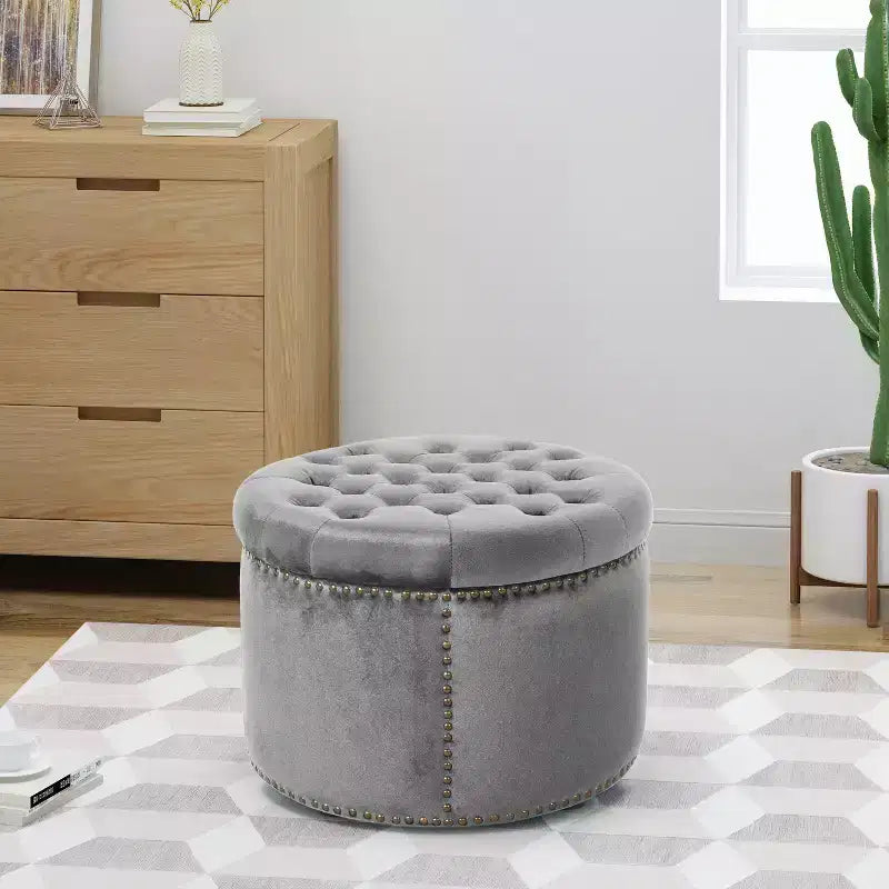 TUYOHW 22 Pouf rond moderne en velours avec capitonnage et clous, banc d'entrée, repose-pieds pour salon, entrée
