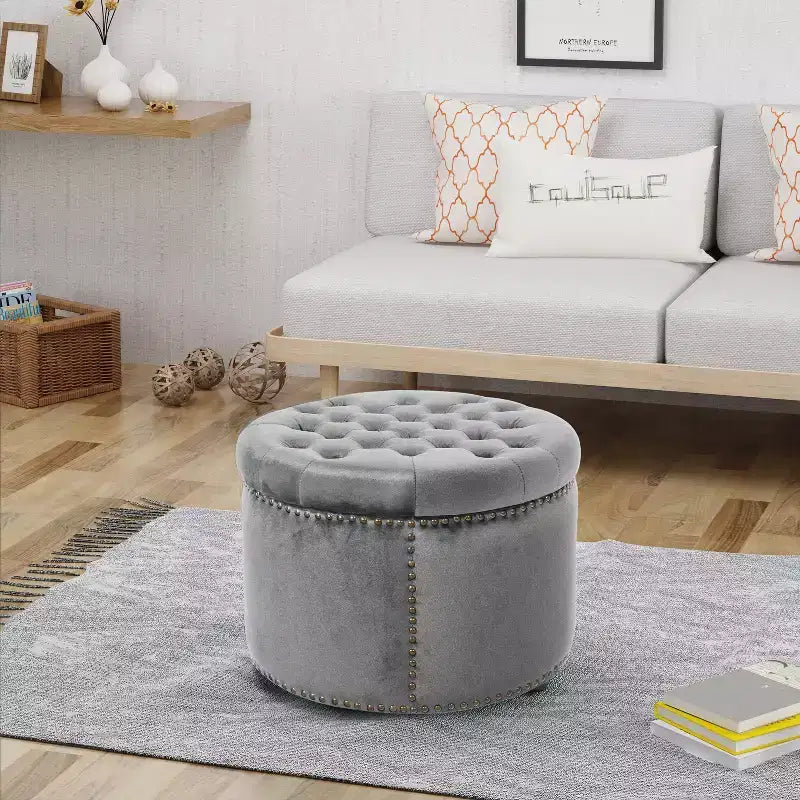 TUYOHW 22 Pouf rond moderne en velours avec capitonnage et clous, banc d'entrée, repose-pieds pour salon, entrée