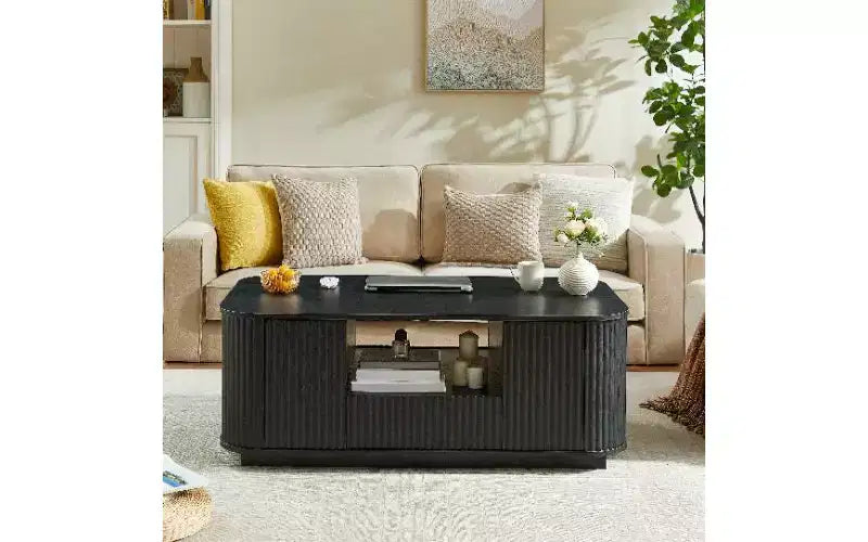 TUYOHW Table basse incurvée en bois ondulé avec grand rangement, table centrale rustique moderne pour salon, table à thé ovale de luxe avec tiroirs