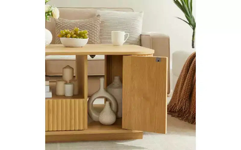 TUYOHW Table basse incurvée en bois ondulé avec grand rangement, table centrale rustique moderne pour salon, table à thé ovale de luxe avec tiroirs