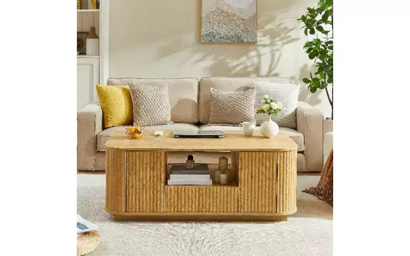 TUYOHW Table basse incurvée en bois ondulé avec grand rangement, table centrale rustique moderne pour salon, table à thé ovale de luxe avec tiroirs